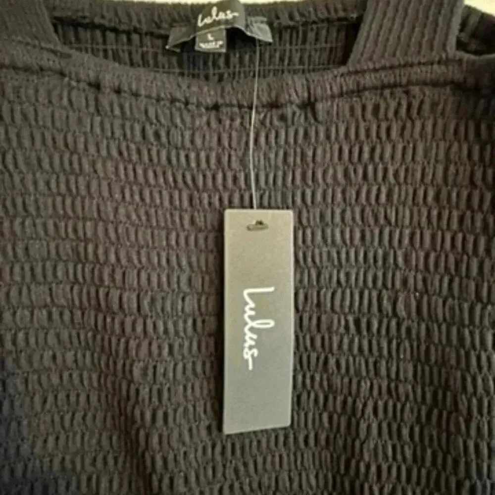 Lulus Social Calendar Black Ribbed Knit Smocked Romper L - Picture 5 of 7